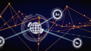 Siyah arkaplan üzerinde dünya simgeleri ve veri işleme ağlarının animasyonu. Dijital olarak oluşturulmuş küresel bağlantılar, hesaplama ve veri işleme kavramı.