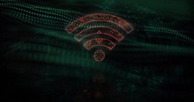 Siyah arkaplandaki noktalar üzerinde bilgisayar devre kartı olan wifi simgesi animasyonu. Küresel teknoloji, çevrimiçi güvenlik, bilgisayar ve dijital arayüz kavramı dijital olarak oluşturulmuş video.