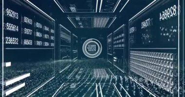 Siyah arkaplandaki noktalar üzerinden veri işleme animasyonu. Küresel teknoloji, çevrimiçi güvenlik, bilgisayar ve dijital arayüz kavramı dijital olarak oluşturulmuş video.