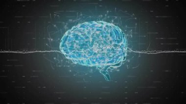 Karanlık arka planda beynin üzerinde dijital veri işleme animasyonu. Dijital olarak oluşturulmuş küresel bağlantılar, hesaplama ve veri işleme kavramı.