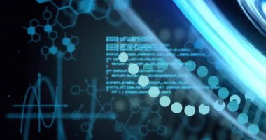 DNA iplikçiklerinin animasyonu, siyah arkaplan üzerinde dijital veri işleme. Küresel bilim, bağlantılar, hesaplama ve veri işleme kavramı dijital olarak oluşturulmuş video.