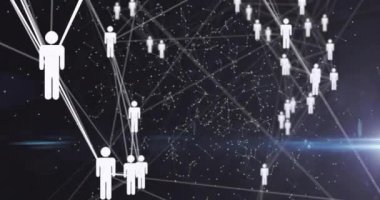 Siyah arkaplandaki ışık yollarının üzerindeki simgelerle bağlantı ağının animasyonu. Küresel teknoloji, hesaplama, bağlantılar ve dijital arayüz konsepti dijital olarak oluşturulmuş video.