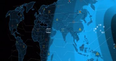 Mavi arkaplan üzerinde veri noktaları ve ağ bağlantıları olan dünya haritası. Genel, bağlantı, teknoloji, dijital, iletişim, siber