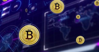 Veri işleme animasyonu ve bitcoins üzerinde dünya haritası. Sosyal medya, teknoloji ve dijital arayüz kavramı dijital olarak oluşturulmuş video.