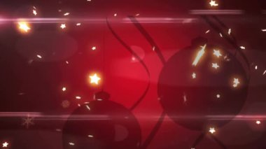 Kırmızı arka planda, yılbaşı süslerinde yıldızların ve kar tanelerinin canlandırılması. Noel, gelenek ve kutlama konsepti dijital olarak oluşturuldu.