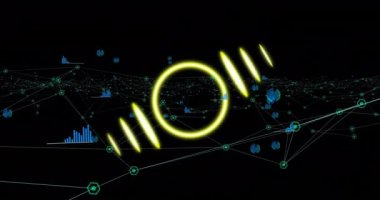 Neon çemberin animasyonu ve siyah arkaplan üzerinde diyagramlar. Şekiller, teknoloji ve dijital arayüz konsepti dijital olarak oluşturulmuş video.