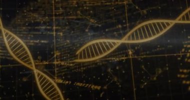 DNA ipliği üzerinde veri işleme animasyonu. Bilim, teknoloji ve dijital arayüz kavramı dijital olarak oluşturulmuş video.