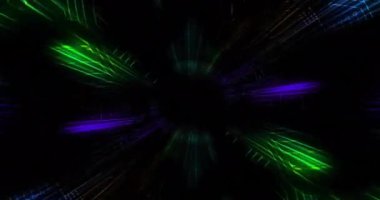 Siyah arkaplanda hareket eden parlak ışık izlerinin animasyonu. Renk, şekil, ışık ve hareket konsepti dijital olarak oluşturulmuş video.