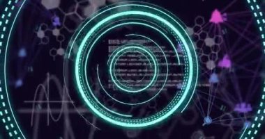 Bağlantı ağı üzerinden bilimsel veri işleme animasyonu. Küresel bilim, bağlantılar, hesaplama ve veri işleme kavramı dijital olarak oluşturulmuş video.