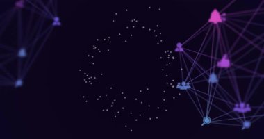 Siyah arkaplandaki ışık noktalarının üzerindeki simgelerle bağlantı ağının animasyonu. Dijital olarak oluşturulmuş küresel bağlantılar, bilgisayar ve dijital arayüz kavramı.