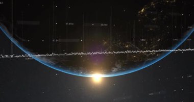 Dünya üzerinde gün doğumu, uzayda hareket eden veri ve koordinatlar. animation, technology, digital, futuristic, global