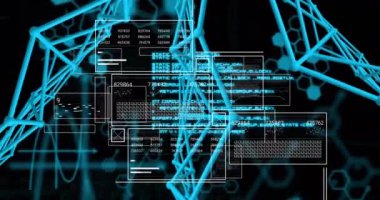 Dijital veri işleme ve siyah arkaplan üzerindeki bağlantı ağının animasyonu. Dijital olarak oluşturulmuş küresel bağlantılar, hesaplama ve veri işleme kavramı.