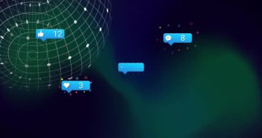 Tüm dünyada numaralar ve veri işleme ile sosyal medya simgelerinin animasyonu. Dijital olarak oluşturulmuş küresel bağlantılar, hesaplama ve veri işleme kavramı.