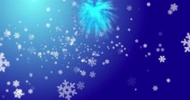 Kar yağışının animasyonu ve Noel 'de mavi arka planda havai fişekler. Noel, gelenek ve kutlama konsepti dijital olarak oluşturuldu.