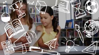Kütüphanede kitap okuyan çeşitli öğrencilerin okul eşyaları ikonlarının canlandırılması. Küresel eğitim, öğrenim ve okul kavramı dijital olarak oluşturulmuş video.