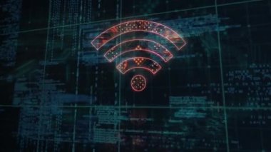 Kablosuz ağ simgesi ve dijital veri işleme sisteminin animasyonu. Dijital olarak oluşturulmuş küresel bağlantılar, hesaplama ve veri işleme kavramı.