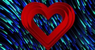 Kırmızı katmanlı kalp animasyonu mavi ve yeşil çizgili arka plan üzerinde. Aşk, sevgililer günü, romantizm
