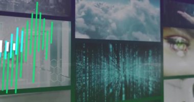 Ekranlarda finansal veri işleme animasyonu. Dijital olarak oluşturulmuş küresel bağlantılar, hesaplama ve veri işleme kavramı.