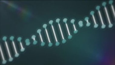 Karanlık arka planda parlayan ışığın üzerinde dönen DNA iplikçiklerinin animasyonu. Küresel bilim, bağlantılar, hesaplama ve veri işleme kavramı dijital olarak oluşturulmuş video.
