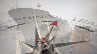 Tersanede öğrenme metniyle pusula animasyonu. Küresel gönderim, bağlantılar, hesaplama ve veri işleme kavramı dijital olarak oluşturulmuş video.