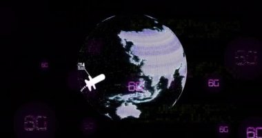 Tüm dünyada 6G metin ve veri işleme animasyonu. Dijital olarak oluşturulmuş küresel bağlantılar, hesaplama ve veri işleme kavramı.