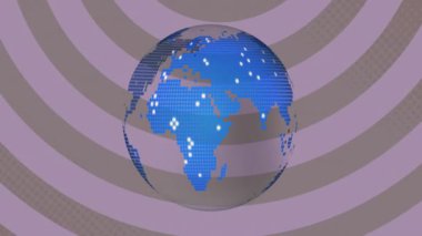 Mor arkaplandaki çizgilerin üzerindeki dünyanın animasyonu. Küresel iletişim, hesaplama, bağlantılar ve dijital arayüz konsepti dijital olarak oluşturulmuş video.