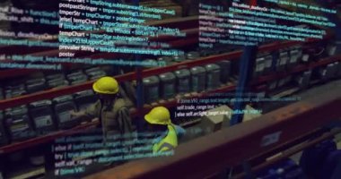 Depoda çalışan çeşitli insanlar üzerinde finansal veri işleme animasyonu. Küresel gönderim, finans, iş, bağlantılar, hesaplama ve veri işleme kavramı dijital olarak oluşturulmuş video.