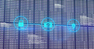 Soyut arkaplan üzerinde değişen sayılara ve bilgisayar diline sahip simgelerin akış şeması. Dijital olarak üretilmiş, hologram, illüstrasyon, iş, büyüme, kodlama ve teknoloji kavramı.