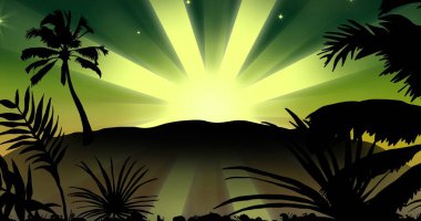 Image of palm trees and plants silhouetting against bright sunrise. sunlight bursting through, creating a vibrant orange background clipart