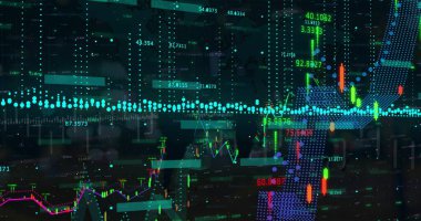 Siyah arkaplanda istatistik tabloları ve veri işleme resimleri. İstatistikler, hesaplama, teknoloji, iletişim ve veri işleme kavramı dijital olarak oluşturuldu.