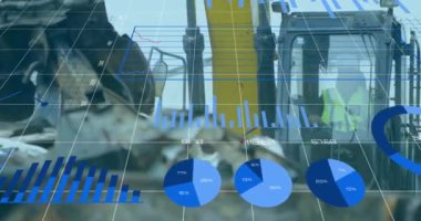 Mali veriler, inşaat işçilerinin ağır makineler kullanmasıyla ilgili animasyonları gösteriyor. finans, teknoloji, analiz, sanayi, ilerleme