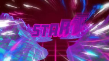 Şekiller ve dijital dağların üzerindeki başlangıç metninin animasyonu. Teknoloji ve dijital arayüz kavramı, dijital olarak oluşturulmuş video.