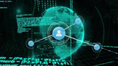 Simgelerle bağlantı ağı üzerinden dünyanın animasyonu. İş, teknoloji ve dijital arayüz kavramı, dijital olarak oluşturulmuş video.