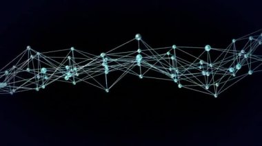 Karanlık arkaplan üzerinde veri işleme animasyonu, birbirine bağlı düğümler ve çizgiler ağı. Teknoloji, bağlantı, dijital, geleceksel, soyut, iletişim
