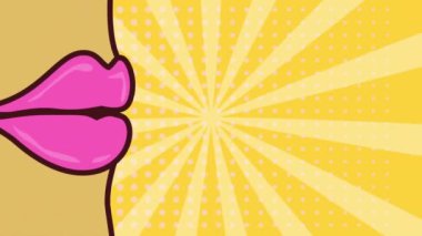 Pembe dudaklı ve komik sesli baloncuk animasyonlu bir ağız. Çizgi film, canlı, illüstrasyon, pop sanat konsepti