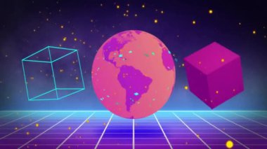 Yerküredeki sarı noktaların ve hareket eden şekillerin animasyonu. Teknoloji ve dijital arayüz kavramı, dijital olarak oluşturulmuş video.