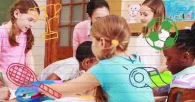 Üstlerinde spor aletleri animasyonuyla sınıftaki öğretmen ve öğrenciler. Eğitim, öğretim, öğrenme, okul, beden eğitimi