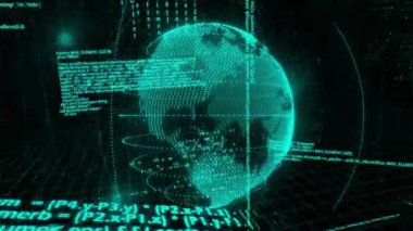 Dijital matris arkaplanı üzerinde ikili kod ve veri işleme animasyonuna sahip dünya. Teknoloji, fütüristik, yazılım, ağ