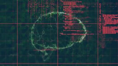 Kırmızı verilerle yeşil şebeke üzerinde nöral ağ animasyonuna sahip dijital beyin. Yapay zeka, teknoloji, fütürist, yenilik, bilim