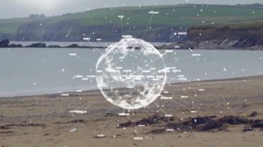 Canlandırılmış iş dünyası anahtar sözcükleri ve dünya üzerindeki deniz ve okyanus geçmişli bağlantıları. küresel, ağ oluşturma, animasyon, veri, eşleştirme, iletişim