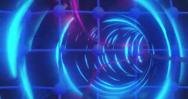 Moleküler yapının üzerinde mavi ve kırmızı neon tünel canlandırılıyor. Soyut, geleceksel, teknoloji, parlayan, bilim, dinamik