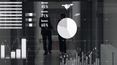 Ofis koridorunda yürüyen profesyonellerin iş veri analizi animasyonu. teknoloji, takım çalışması