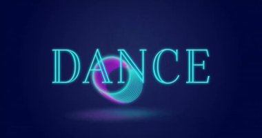 DANCE metin animasyonu koyu mavi arkaplanda neon halkalar üzerine. canlı, modern, dijital
