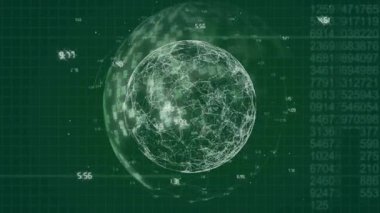 Birbirine bağlı çizgiler ve numaralarla dönen küre, veri işleme animasyonu. Teknoloji, ağ, dijital, küresel, analitik, bağlantılar