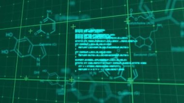 Yeşil zemin üzerinde kimyasal formülün ve veri işlemenin animasyonu. Küresel bilim, teknoloji, bilgisayar ve dijital arayüz kavramı, dijital olarak oluşturulmuş video.