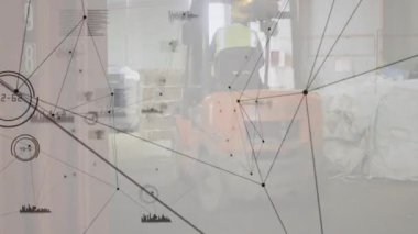 Forklift ile depo üzerinden bağlantı ve veri işleme animasyonu ağı. Lojistik, teknoloji, otomasyon, tedarik zinciri, dağıtım, bağlantı
