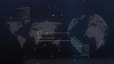 Karanlık şebeke arkaplanı üzerinde veri noktaları ve kodlama animasyonu olan dünya haritası. Teknoloji, haritalama, dijital, geleceksel, görselleştirme