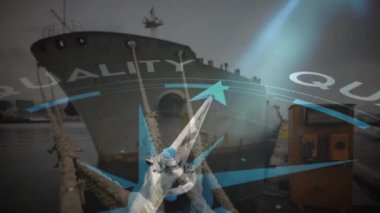 Tersanede dönen pusula animasyonu ve kaliteli metin. Küresel sevkiyat, finans, iş, bağlantılar, bilgisayar ve veri işleme kavramı, dijital olarak oluşturulmuş video.