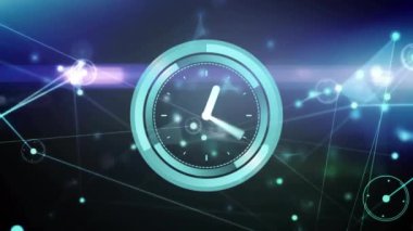 Ağ bağlantılarını gösteren fütüristik saat canlandırması. Teknoloji, dijital, ağ, zaman, yenilik