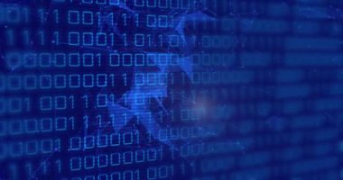 Bağlantılar üzerinden ikili kodlama ve dijital veri işleme animasyonu. Küresel bağlantılar, hesaplama ve veri işleme kavramı, dijital olarak oluşturulmuş video.